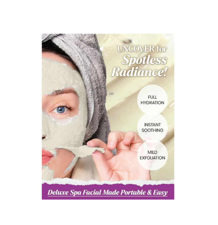 Person applying a face mask with text highlighting benefits on a white background, Lindsay Lavender Modeling Mask Cup Pack 28g