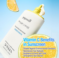 Sunscreen bottle with lemon slices on a blue background, highlighting vitamin C benefits, Goodal Green Tangerine Vita C Dark Spot UV Defense Sunscreen Spf 50 50ml