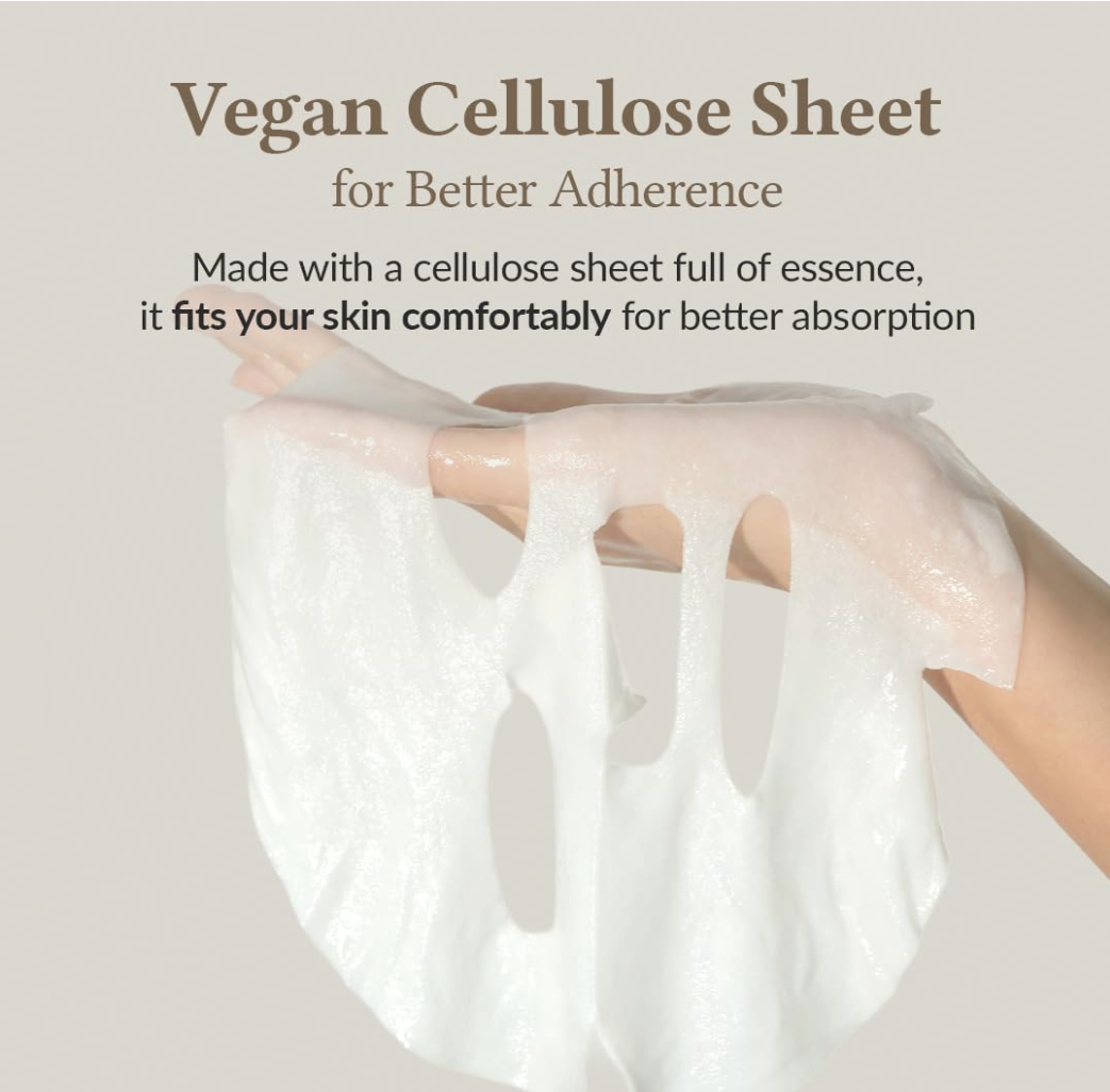 Vegan cellulose sheet being held with text about its benefits on a light background, Dr. Althea 345 Relief Cream Mask 4pcs