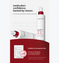 Medicube Red Clear Cica Body Mist bottle and tube on a light gray background with promotional text. The product packaging is white with a metallic red cap and red printed details, and the lower section includes a red banner with suitability text and a small certificate image, Medicube Red Clear Cica Body Mist 200ml