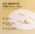 Facial mask with key benefits for glowing skin on a beige background, 