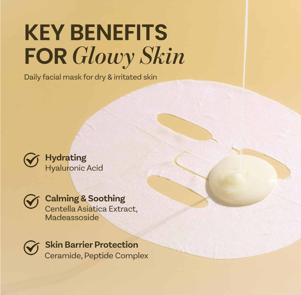 Facial mask with key benefits for glowing skin on a beige background, 