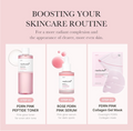 Skincare product set with pink bottles on a light pink background, featuring text about boosting skincare routine, Medicube PDRN Pink Cica Soothing Toner 250ml