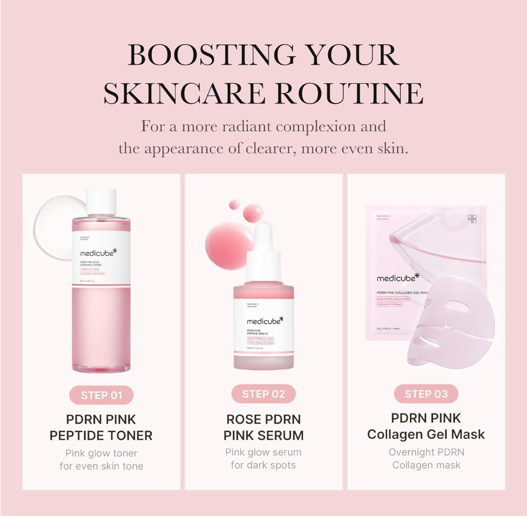 Skincare product set with pink bottles on a light pink background, featuring text about boosting skincare routine, Medicube PDRN Pink Cica Soothing Toner 250ml