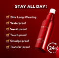 Red makeup fixer bottle with features listed on a red background, TIRTIR Mask Fit Make-up Fixer