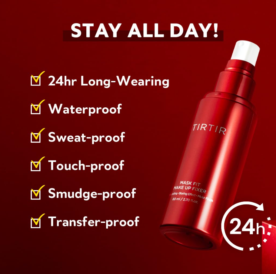 Red makeup fixer bottle with features listed on a red background, TIRTIR Mask Fit Make-up Fixer