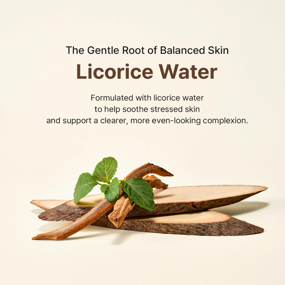 Licorice root with leaves on a beige background, promoting licorice water for skin care, Acwell Licorice pH Balancing Advance Serum 30ml