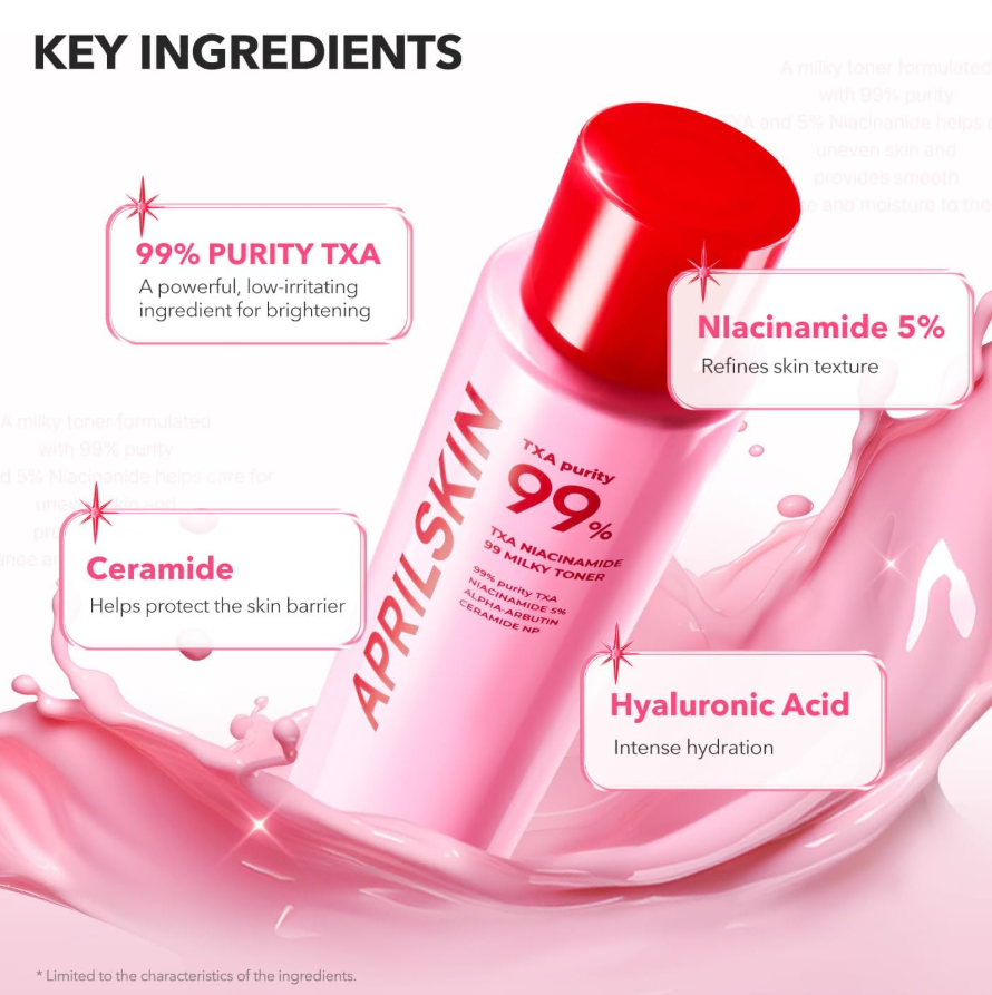April Skin toner bottle with key ingredients highlighted on a white background, April Skin TXA Niacinamide 99 Milky Toner 150ml