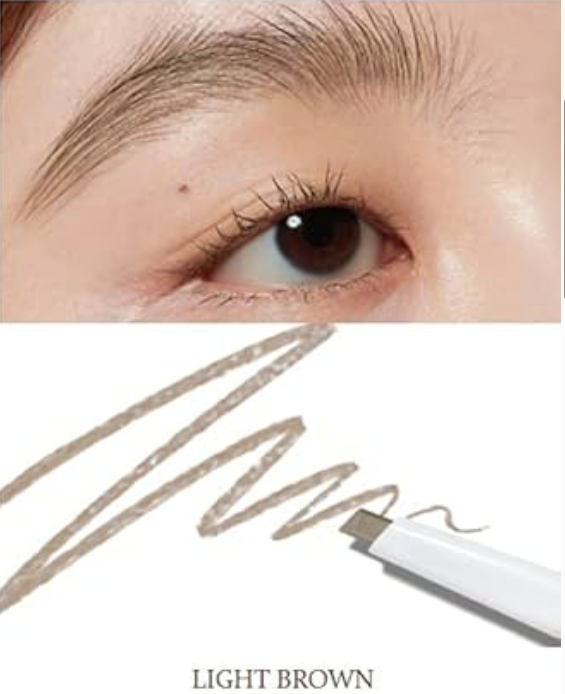 Eyebrow pencil with light brown color swatch and close-up of an eye with the pencil, Hince Signature Brow Pencil P006 Light Brown