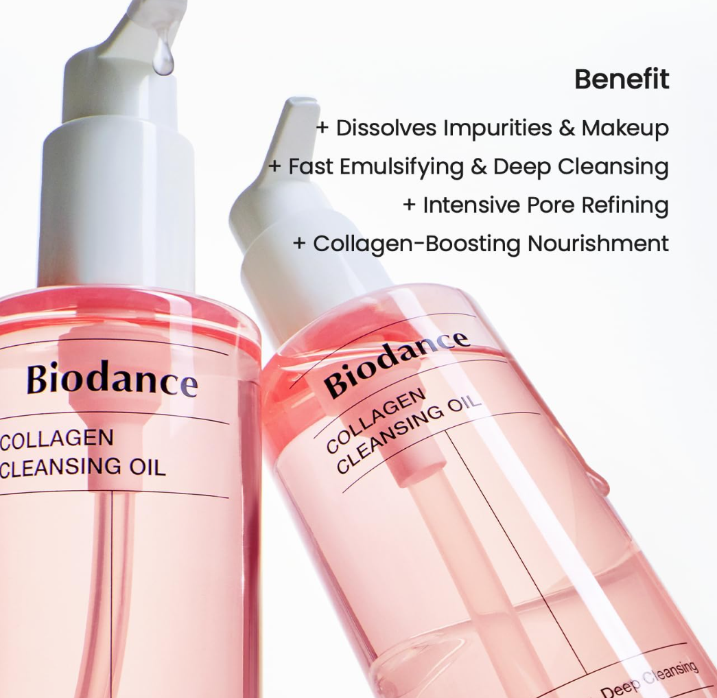 Two bottles of Biodance Collagen Cleansing Oil with product benefits listed, Biodance Collagen Cleansing Oil 200ml