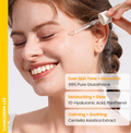 Woman applying skincare product with text highlighting ingredients on a white background, ONGREDIENTS Skin Barrier Glow Serum 50ml