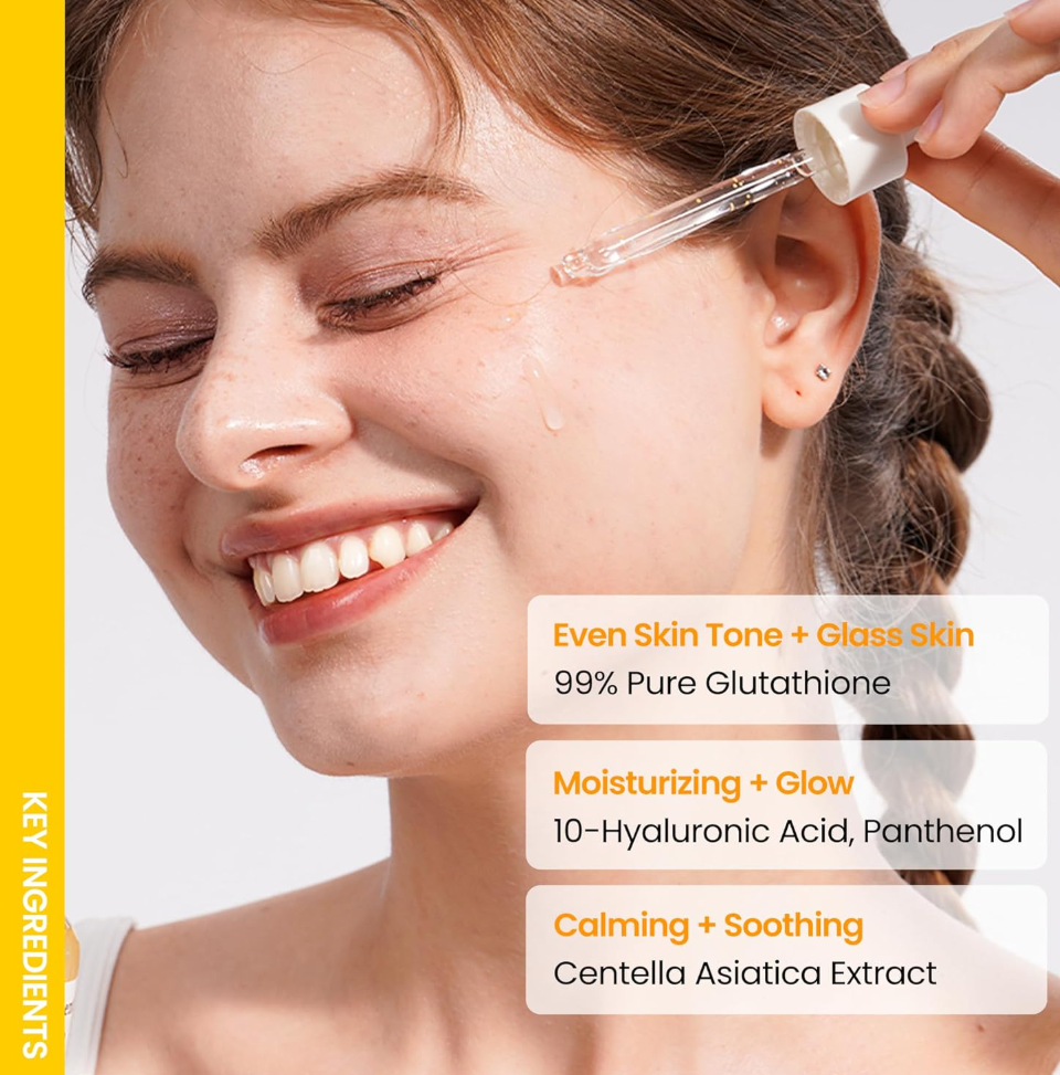 Woman applying skincare product with text highlighting ingredients on a white background, ONGREDIENTS Skin Barrier Glow Serum 50ml