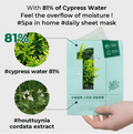 Sheet mask packaging with cypress water and houttuynia cordata extract, held by a hand, Numbuzin No.1 Dewy Glow Spa Sheet Mask 1pc