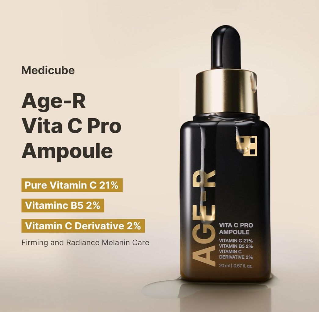 Medicube Age-R Vita C Pro Ampoule bottle with product details on a beige background, Medicube Age-R Vita C Pro Ampoule 20ml