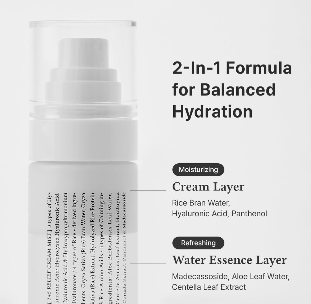 Skincare product with text detailing 2-in-1 formula for balanced hydration, Dr.Althea 345 Relief Cream Mist 100ml