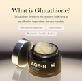 Jar of AGE-R cream with text about glutathione's benefits on a beige background, Medicube Age-R Glutathione Glow Capsule Cream 50ml