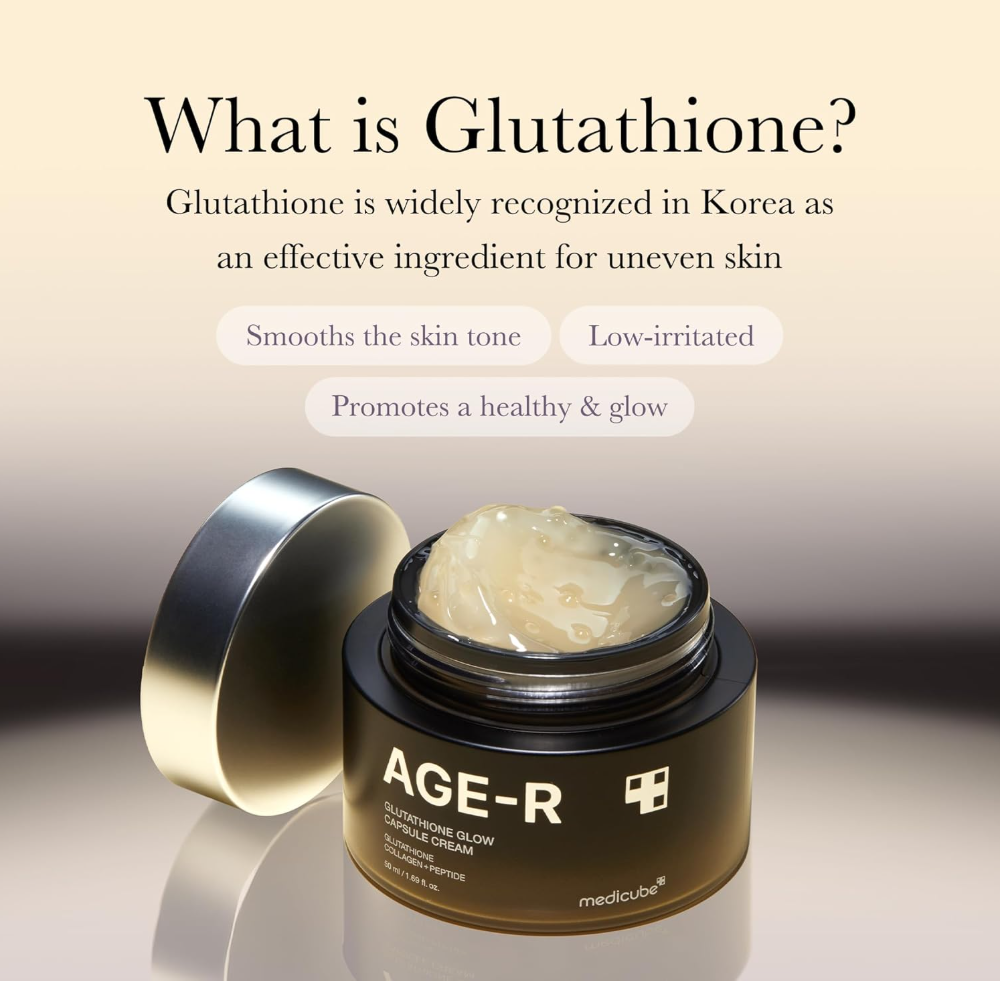 Jar of AGE-R cream with text about glutathione's benefits on a beige background, Medicube Age-R Glutathione Glow Capsule Cream 50ml