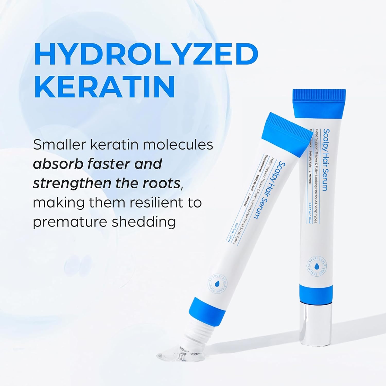 Cosmetic tubes with blue accents on a white background, featuring text about hydrolyzed keratin, Seapuri Scalpy Hair Serum 20ml