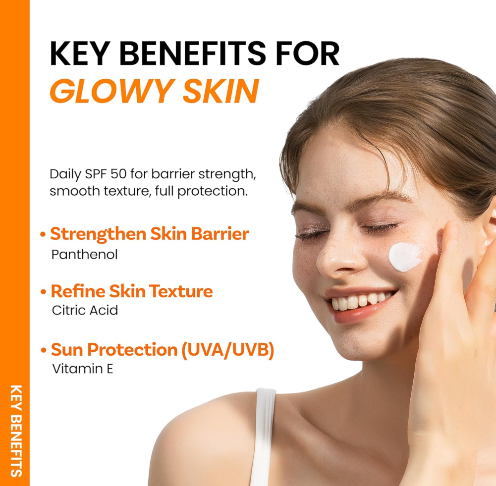 Woman applying cream with text about key benefits for glowy skin on an orange and white background, ONGREDIENTS Skin Barrier Moisture Sunscreen Broad Spectrum SPF 50 50ml