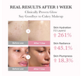 A promotional before-and-after skincare results graphic with text reading 'REAL RESULTS AFTER 1 WEEK' and 'Clinically Proven Glow Say Goodbye to Cakey Makeup.' The image shows four close-up facial skin panels labeled 'Before use' and 'After 1 Use,' plus metrics for skin hydration, skin radiance, and skin plumpness with percentage increases, Medicube PDRN Pink Collagen Bubble Serum 95ml