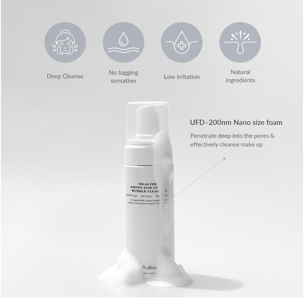 Skincare foam bottle with features listed on a light gray background, Dr.Althea Amino Acid Gentle Bubble Cleanser 140ml
