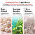 Product label with marine-derived ingredients including pearl extract, seaweed complex, and 7-layer collagen, Growus Damage Therapy No-Wash Treatment EX 250ml