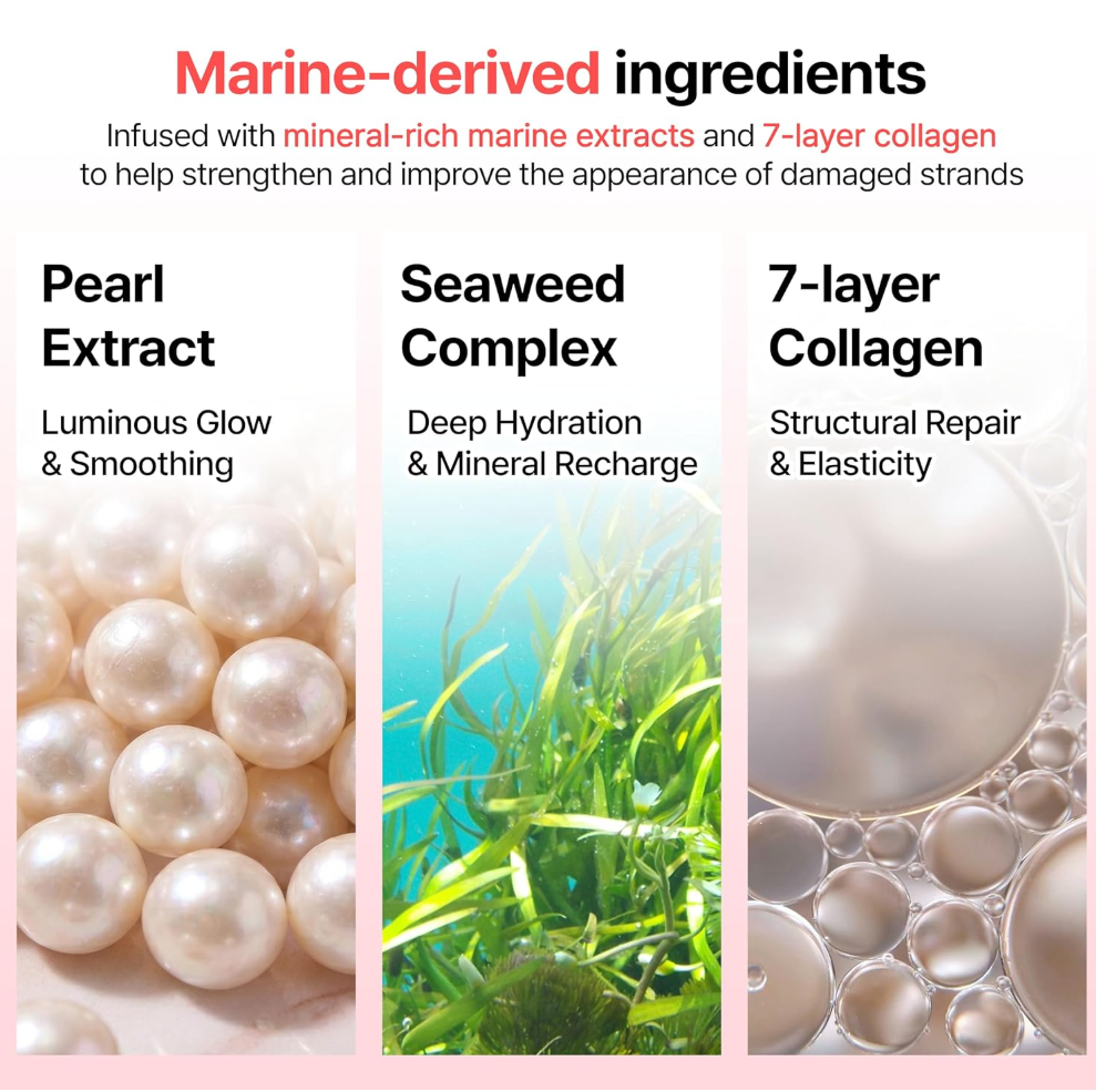 Product label with marine-derived ingredients including pearl extract, seaweed complex, and 7-layer collagen, Growus Damage Therapy No-Wash Treatment EX 250ml