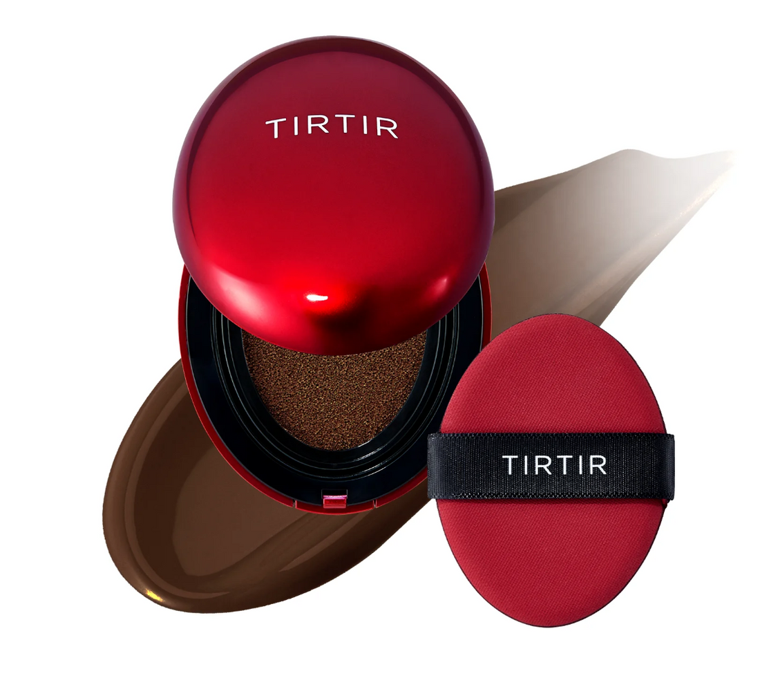 TIRTIR cosmetic compact with red lid and black strap on a white background