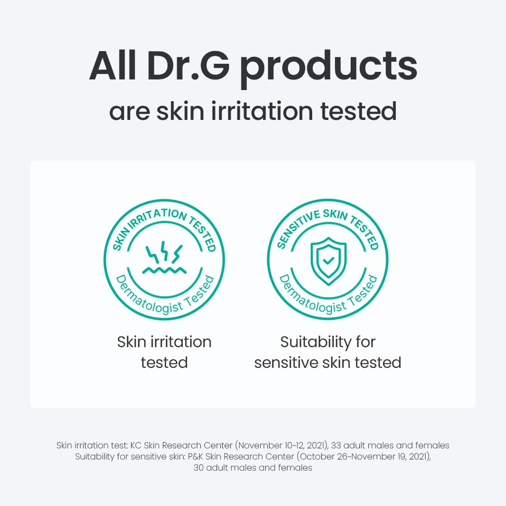 Advertisement for Dr.G products with icons and text about skin irritation and sensitive skin testing, Dr.G Brightening Peeling Gel -120ml