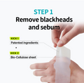Step 1 of a skincare routine involving blackhead removal and sebum reduction with text and a hand holding a sheet, Ilso Natural Mild Clear Nose Patch