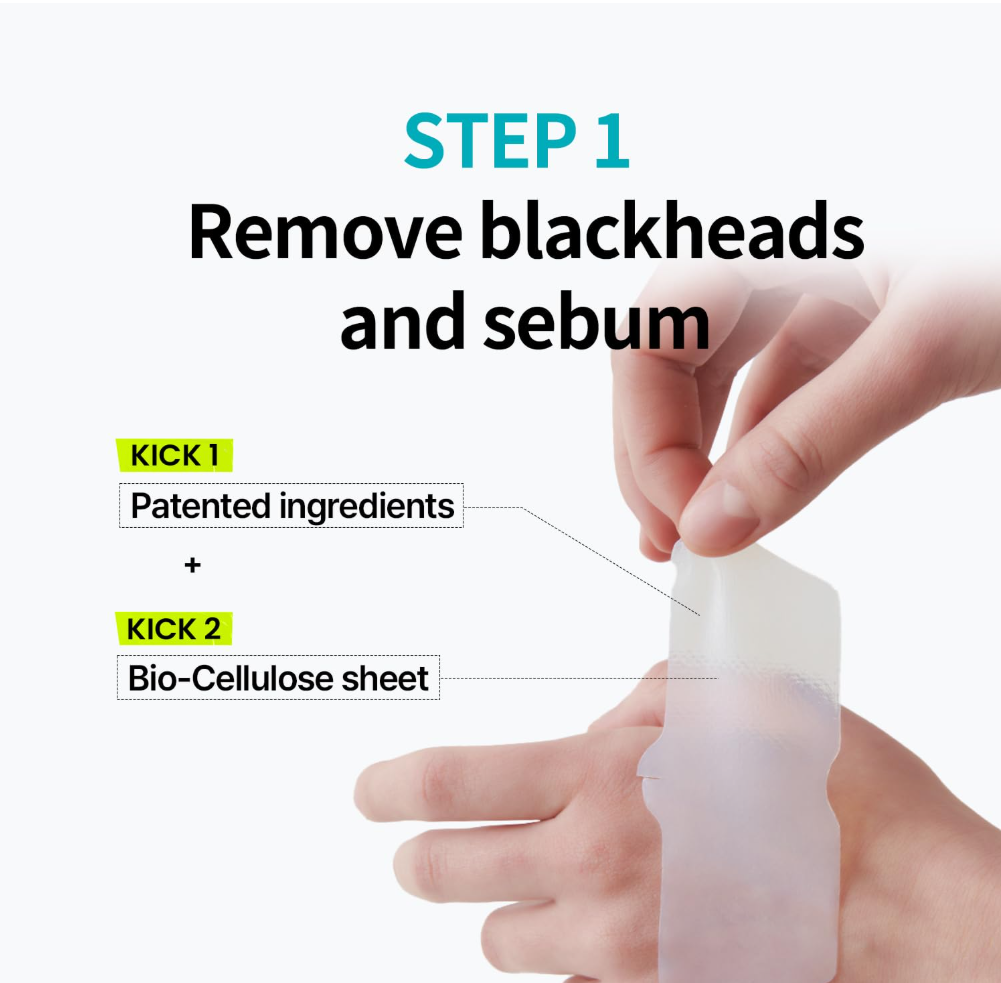 Step 1 of a skincare routine involving blackhead removal and sebum reduction with text and a hand holding a sheet, Ilso Natural Mild Clear Nose Patch