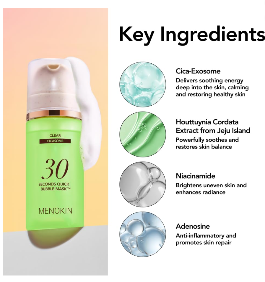 Green bubble mask with key ingredients listed on a colorful background, MENOKIN 30 Seconds Quick Bubble Mask CLEAR Cicasome 95ml
