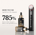 Age-R skincare products including a dropper, bottle, and device on a light background with text on how to use them, Medicube Age-R Vita C Pro Ampoule 20ml
