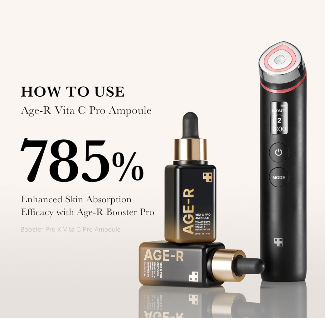 Age-R skincare products including a dropper, bottle, and device on a light background with text on how to use them, Medicube Age-R Vita C Pro Ampoule 20ml