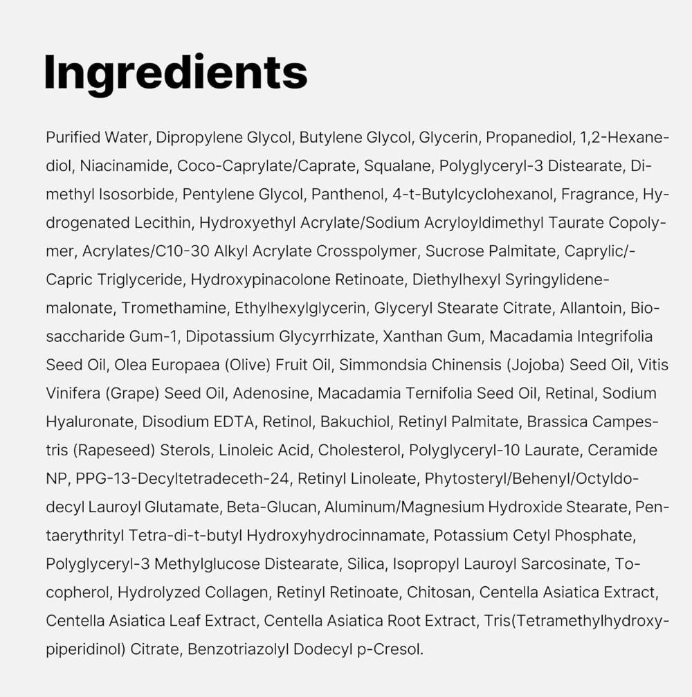 List of ingredients on a white background, Medicube Deep Vita A Retinol Serum 30ml
