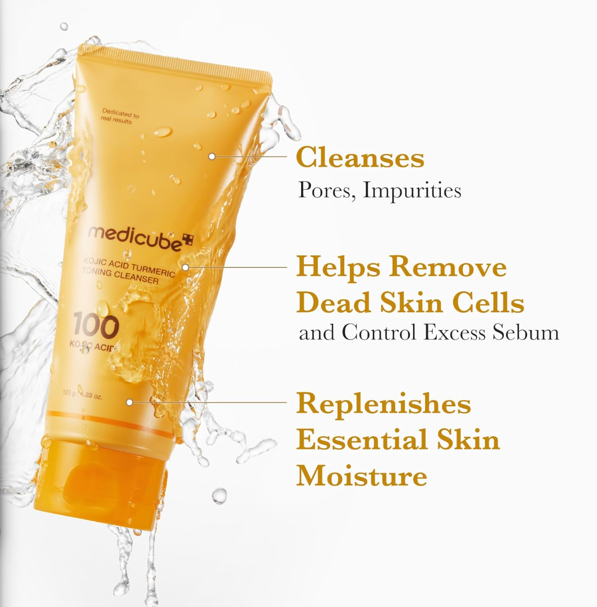 Orange skincare product with water droplets and text highlighting its benefits on a white background, Medicube Kojic Acid Turmeric Toning Cleanser 120g