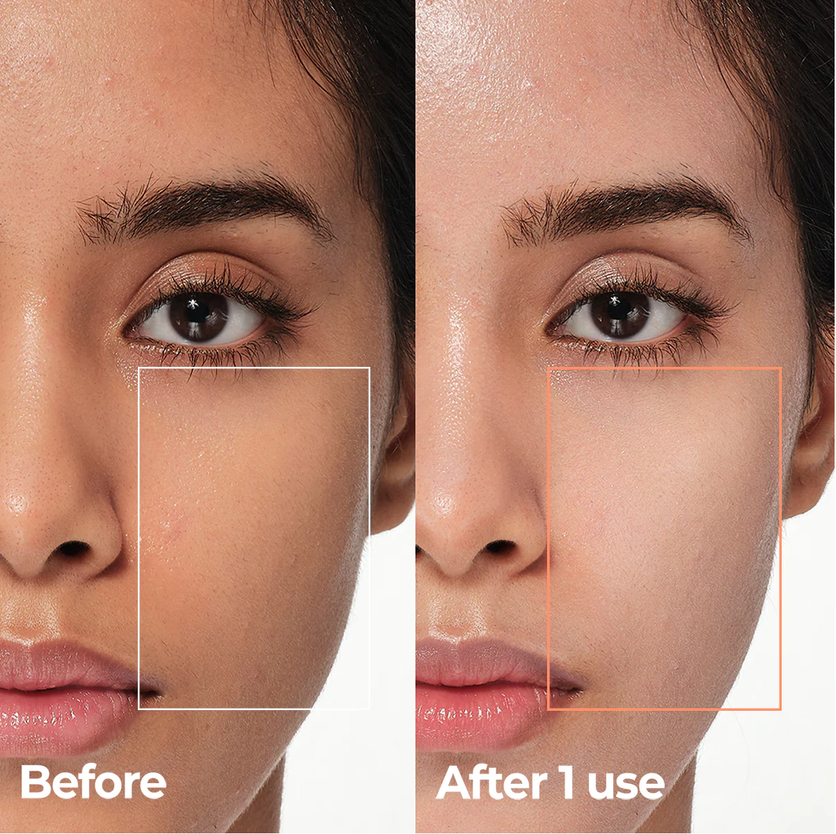 Before and after comparison of a woman's face with skincare product application, Aestura Derma UV 365 Red Calming Tone-Up Sunscreen SPF 50+ 40ml