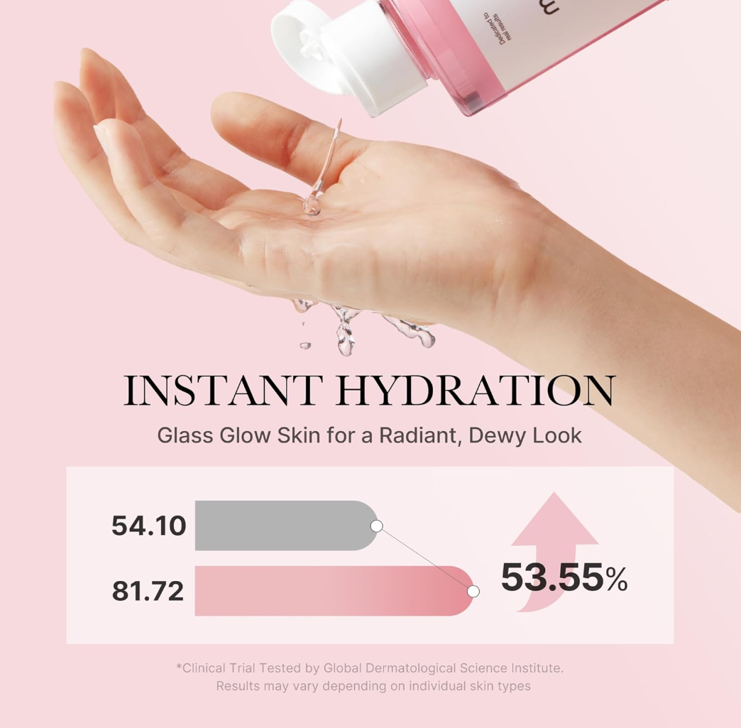 Hand applying skincare product with text on instant hydration and glass glow skin, Medicube PDRN Pink Cica Soothing Toner 250ml