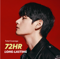 Person with short black hair against a red background with text about product longevity, TIRTIR Mask Fit Red Cushion 33W Ginger 18g