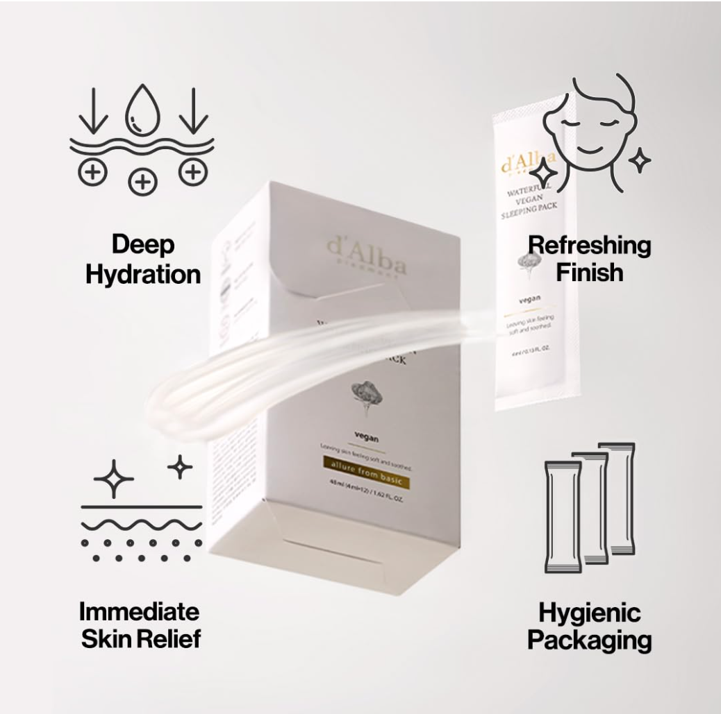Product packaging with icons and text highlighting features on a white background, D'Alba Waterfull Vegan Sleeping Pack 4ml x12 pcs