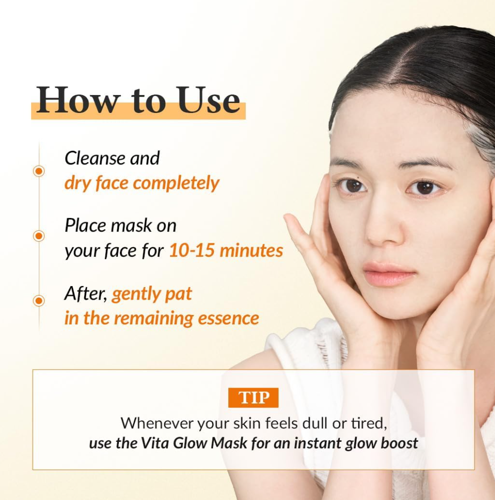 Instructions on how to use a face mask with a woman's face shown, featuring text and a tip about the Vita Glow Mask, Dr.Althea Vita Glow Mask 4pcs