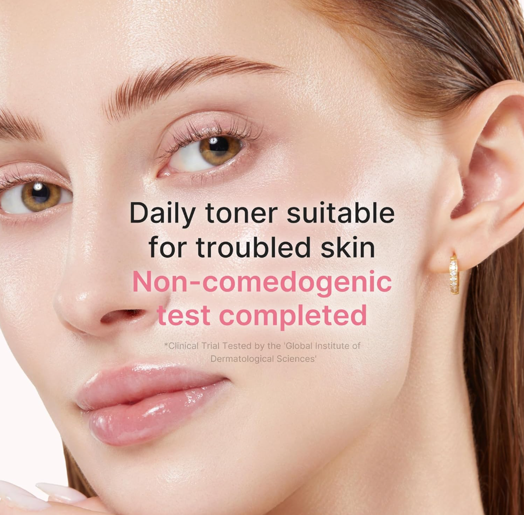 Close-up of a woman's face with text about a daily toner suitable for troubled skin, Medicube PDRN Pink Niacinamide Milky Toner 150ml