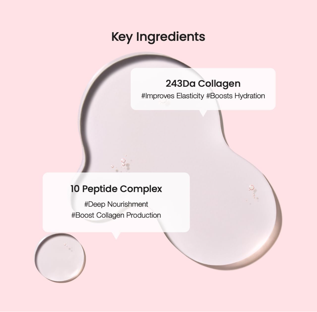 Cosmetic sheet mask with key ingredients labeled on a pink background, Biodance Collagen Cleansing Oil 200ml