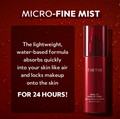 Red makeup fixer bottle with text about its properties on a red background, TIRTIR Mask Fit Make-up Fixer