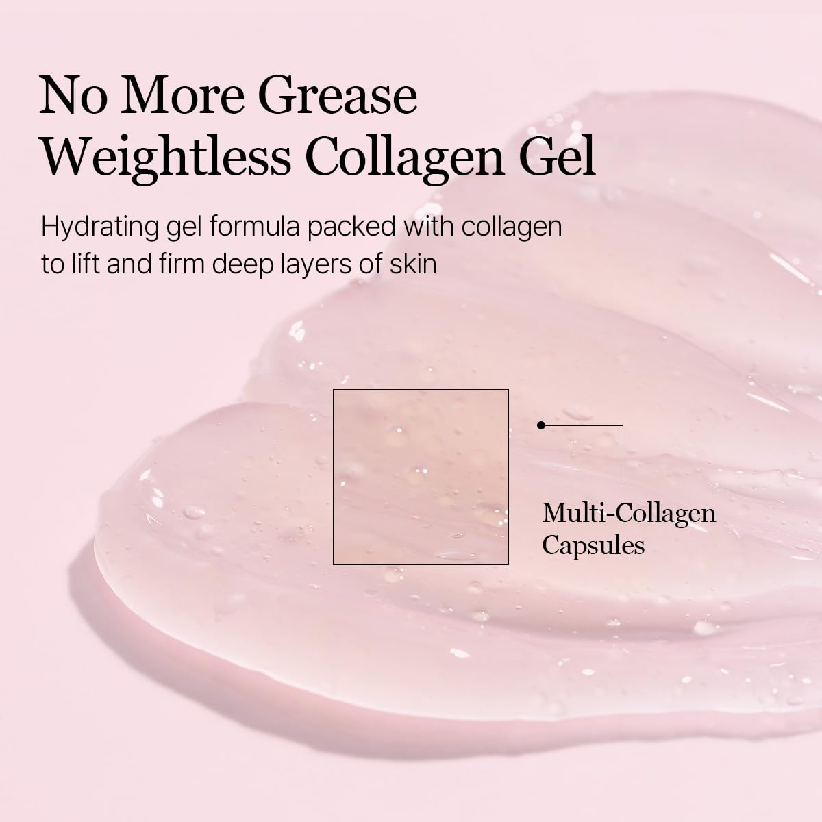 Collagen gel with text highlighting its hydrating properties and collagen content on a pink background, Round Lab Camellia Deep Collagen Firming Cream 50ml