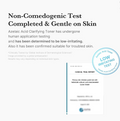 Promotional graphic for Azelaic Acid Clarifying Toner stating 'Non-Comedogenic Test Completed & Gentle on Skin' with a circular badge reading 'Low Irritating Test' and a small clinical trial report cover shown at the bottom right, Medicube Azelaic Acid Niacinamide Clarifying Toner 250ml