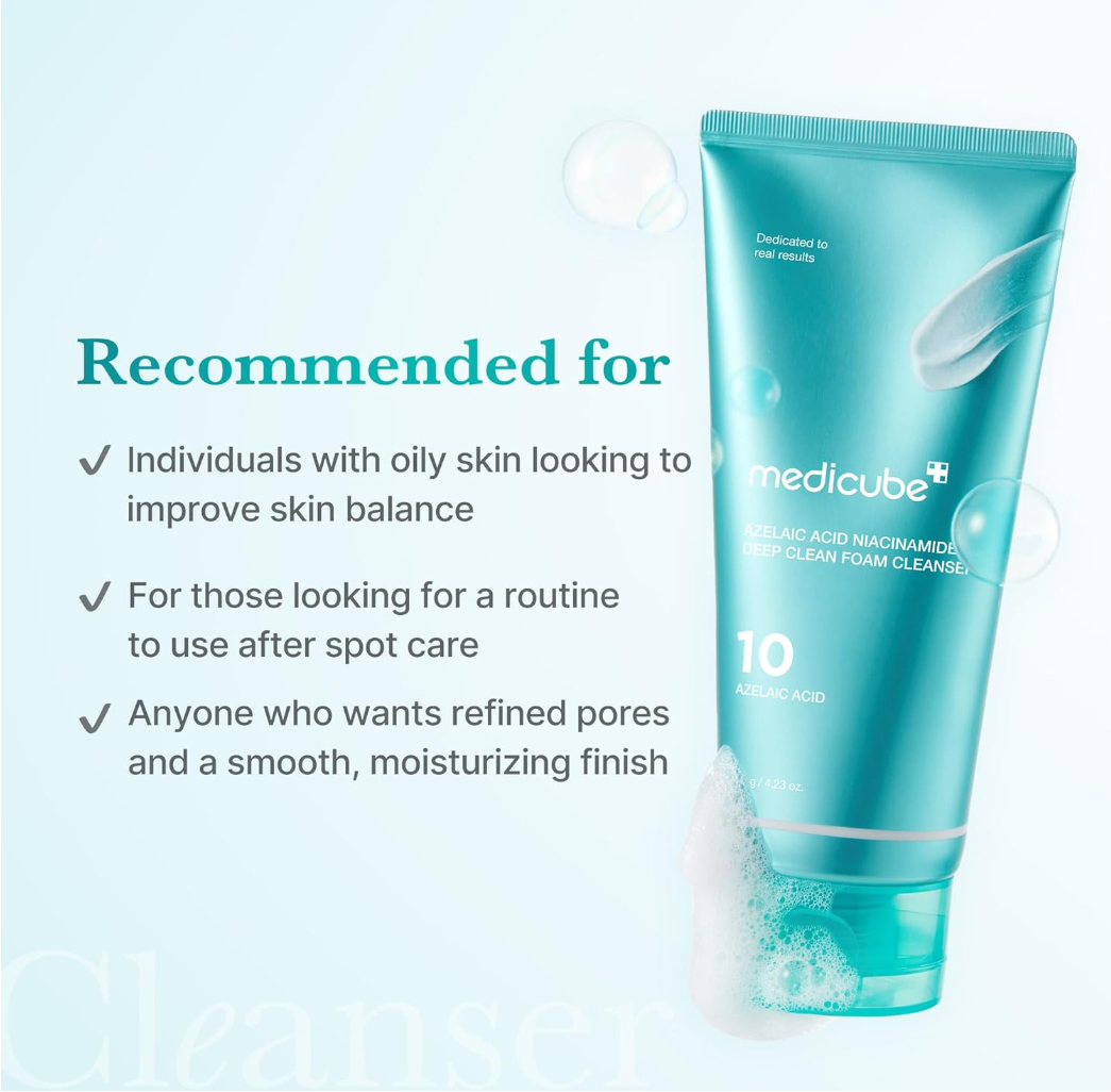 Blue foam cleanser tube with text on a light blue background, Medicube Azelacia Acid Niacinamide Deep Clean Foam Cleanser 120g