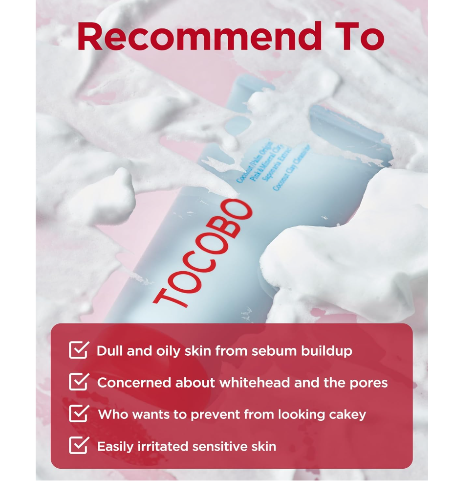 Promotional graphic for TOCOBO Gentle Clay Cleanser showing a light blue tube partially submerged in white foam, with the text 'Recommend To' at the top and a red checklist of benefits at the bottom. TOCOBO Coconut Clay Cleansing Foam 150 ml