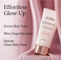 d'Alba UV Essence sunscreen tube on a pink fabric background with text about product benefits, D'Alba UV Essence Waterfull+ Tone-Up Pink Correcting SPF50 Sunscreen 50ml