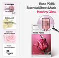 Rose PDRN Essential Sheet Mask packaging with magnifying glass and product details on a white background, Mediheal Rose PDRN Mask 10+1